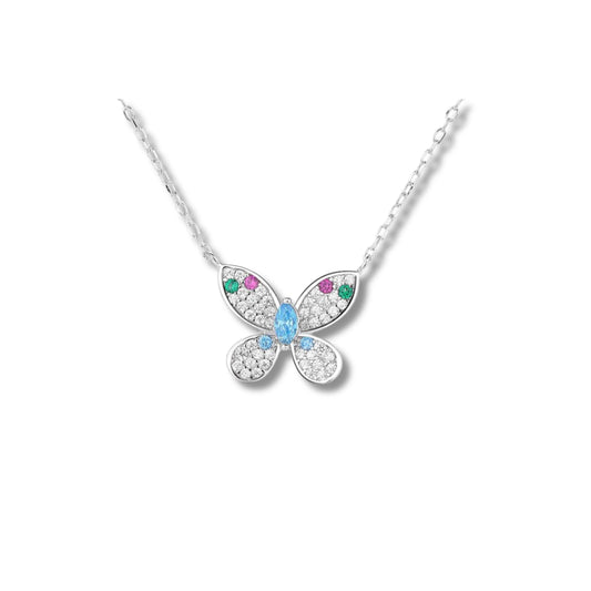 925 Sterling Silver Butterfly Necklace | Rhodium Plated with Multicolor Cubic Zirconia