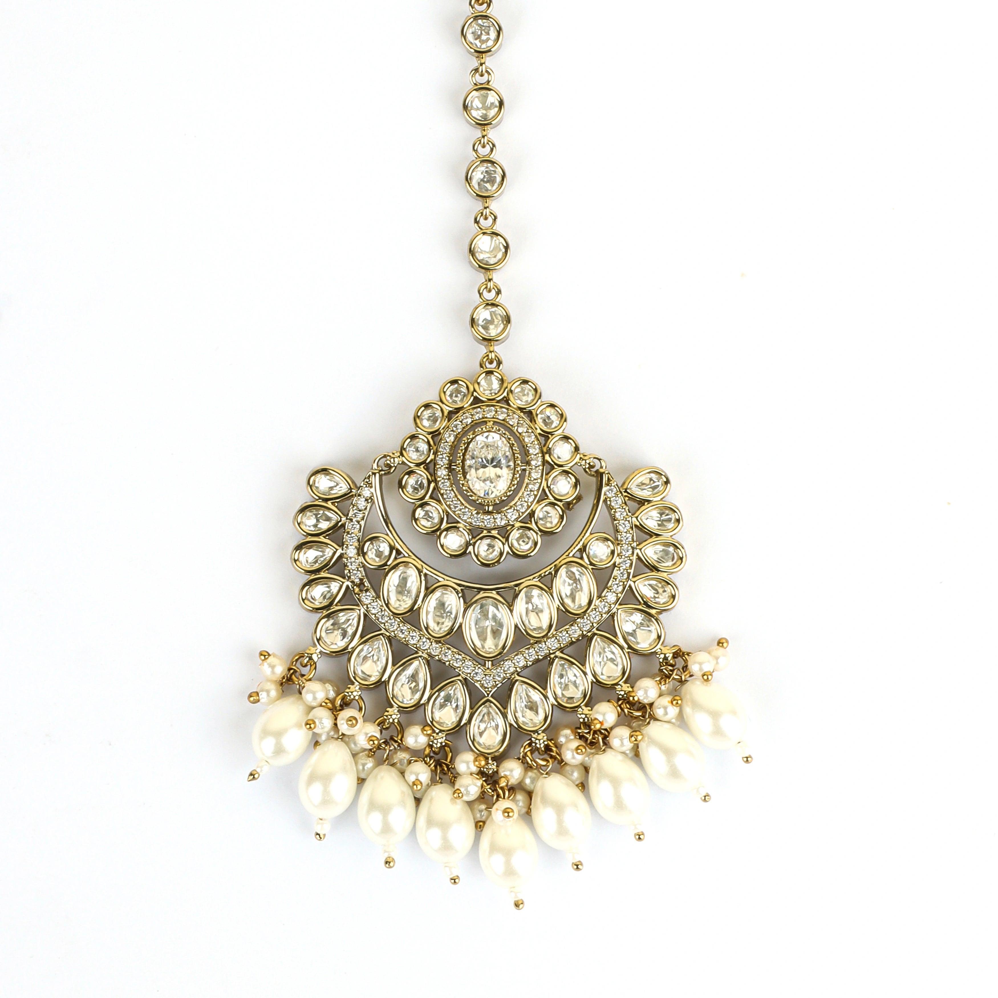 Rajwadi White Beads Kundan Mangtika - Rukhmani