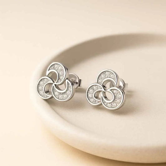 925 Sterling Silver Triple Crescent Stud Earrings|Rhodium Plated with Cubic Zirconia