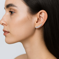 925 Sterling Silver Rhodium Plated Leaf Design Ear Cuffs with Cubic Zirconia