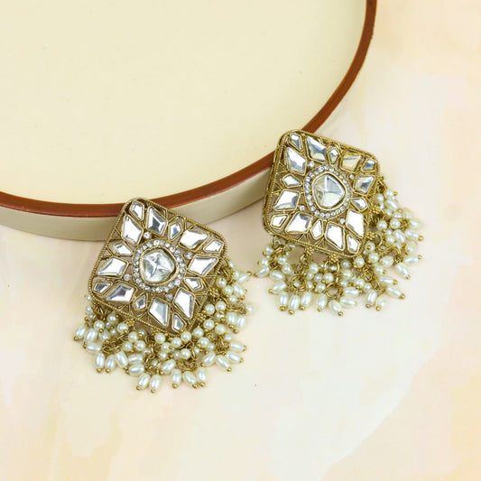 Square Polki Jhumkas with Hanging White Beads - Rukhmani