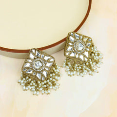 Square Polki Jhumkas with Hanging White Beads - Rukhmani