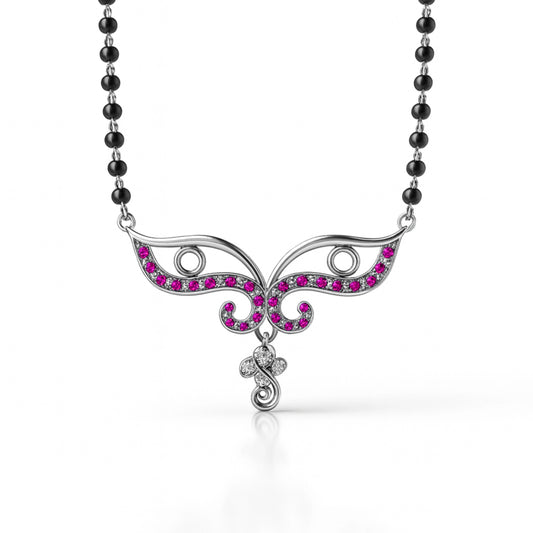 925 Sterling Silver Rhodium Plated Pink Cubic Zirconia Floral Drop Mangalsutra for Women
