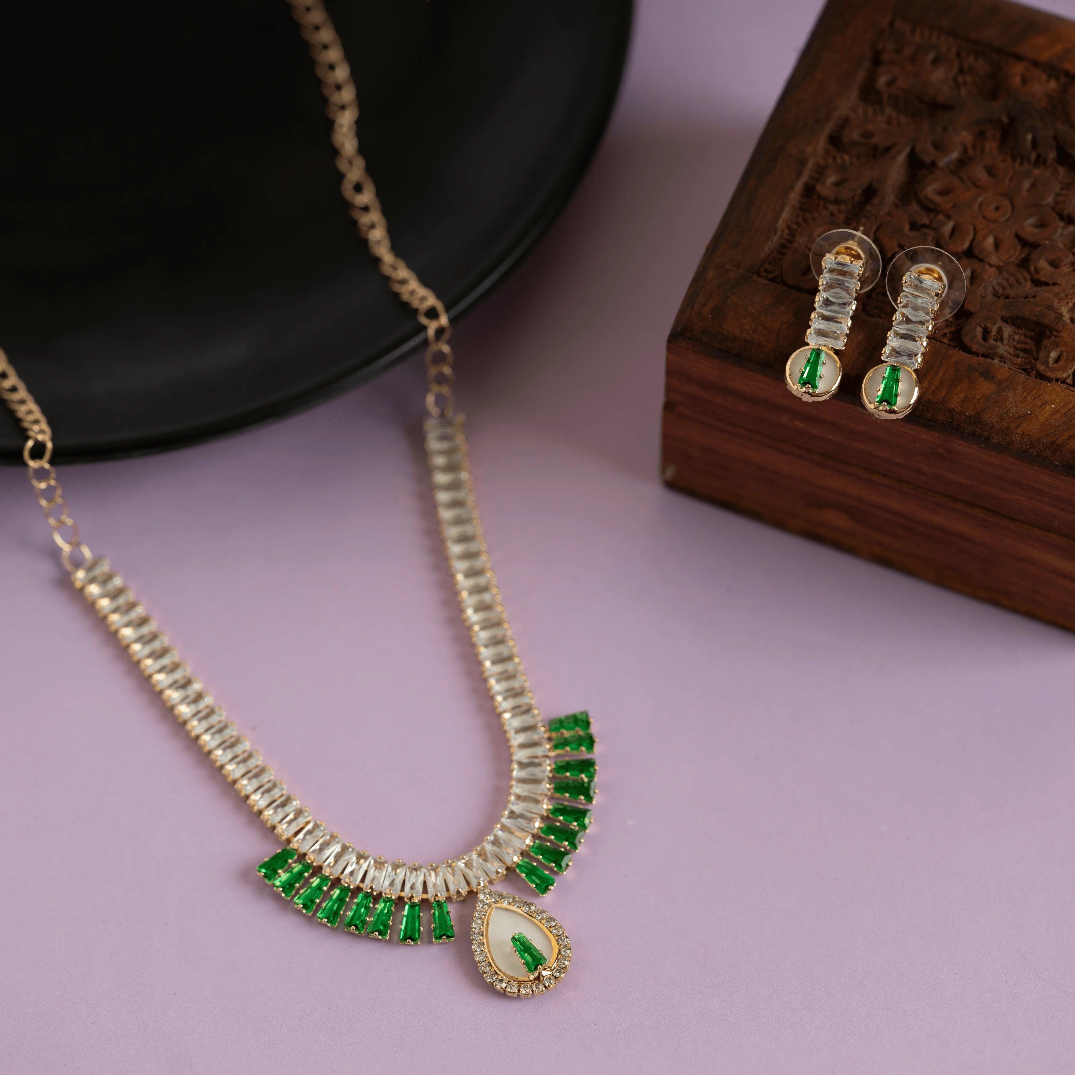 Green Emerald and White Bridal Crystal Necklace with Earrings - Rukhmani