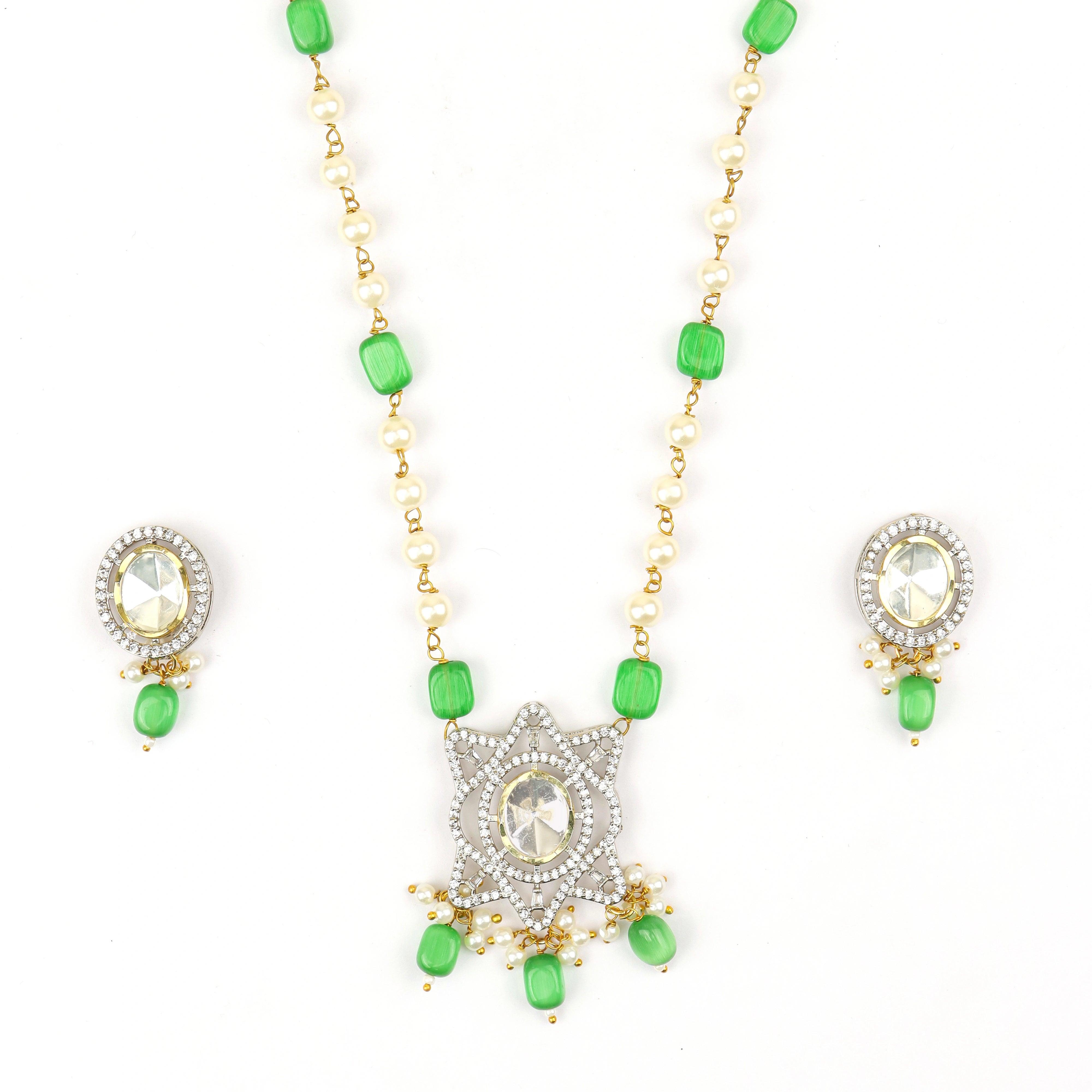 Jaipuri Kundan Long Necklace With Bids and Pearl With Earrings - Rukhmani