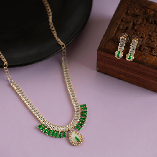 Green Emerald and White Bridal Crystal Necklace with Earrings - Rukhmani