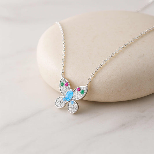 925 Sterling Silver Butterfly Necklace | Rhodium Plated with Multicolor Cubic Zirconia