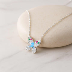925 Sterling Silver Butterfly Necklace | Rhodium Plated with Multicolor Cubic Zirconia