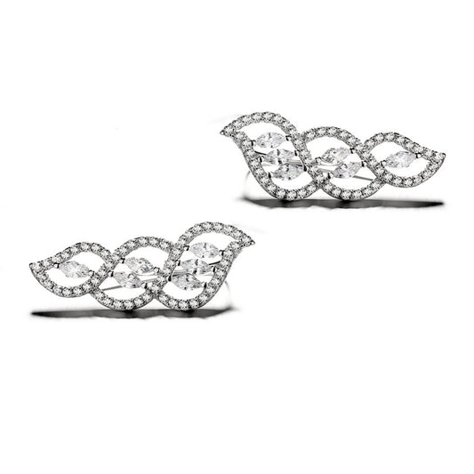 925 Sterling Silver Rhodium Plated Twisted Leaf Ear Cuffs with Cubic Zirconia