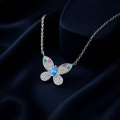 925 Sterling Silver Butterfly Necklace | Rhodium Plated with Multicolor Cubic Zirconia