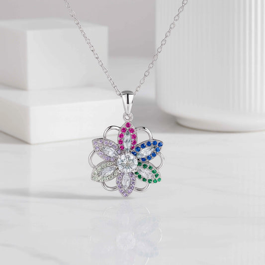 Multicolor Floral Pendant in 925 Sterling Silver with CZ Stones