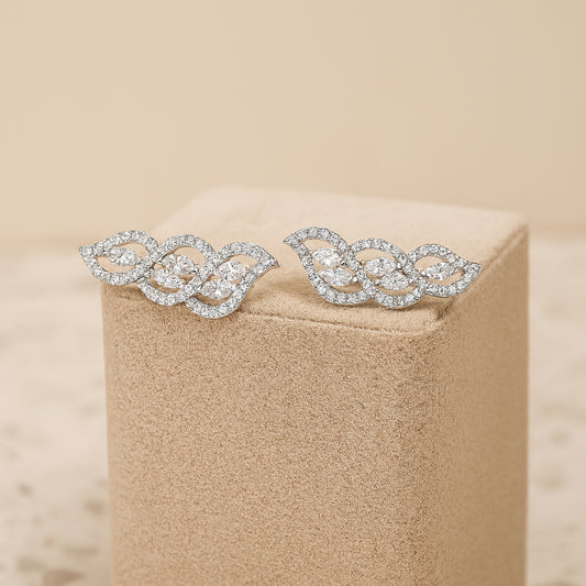 925 Sterling Silver Rhodium Plated Twisted Leaf Ear Cuffs with Cubic Zirconia