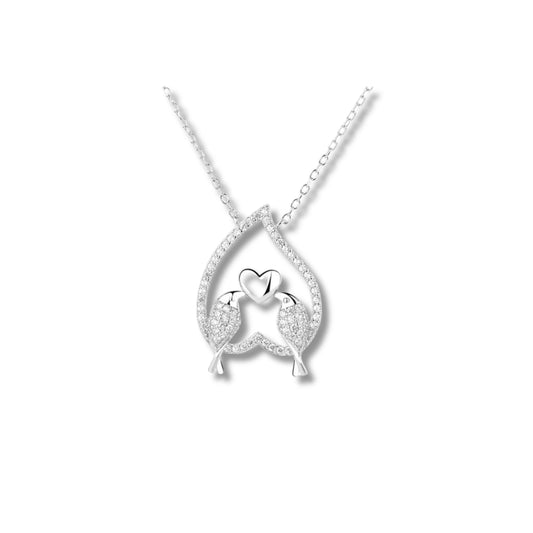 925 Sterling Silver Love Birds Heart Pendant Necklace with Cubic Zirconia | Rhodium Plated