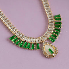 Green Emerald and White Bridal Crystal Necklace with Earrings - Rukhmani
