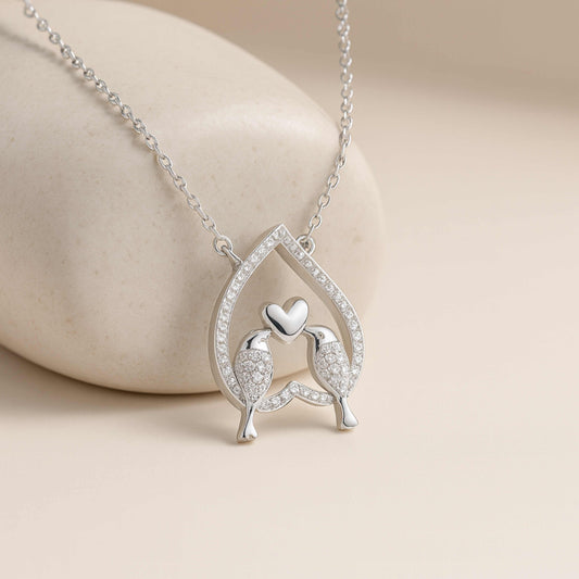 925 Sterling Silver Love Birds Heart Pendant Necklace with Cubic Zirconia | Rhodium Plated
