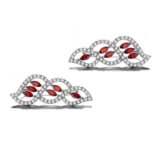 925 Sterling Silver Rhodium Plated Twisted Leaf Ear Cuffs with Red Cubic Zirconia