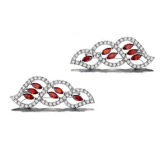 925 Sterling Silver Rhodium Plated Twisted Leaf Ear Cuffs with Red Cubic Zirconia