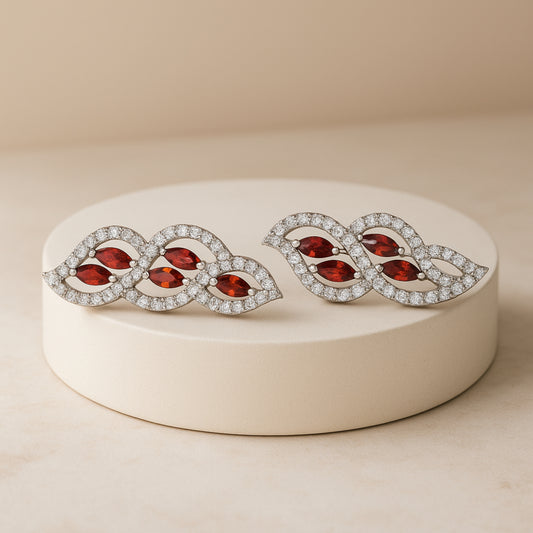 925 Sterling Silver Rhodium Plated Twisted Leaf Ear Cuffs with Red Cubic Zirconia