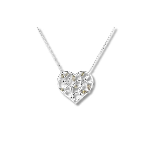 925 Sterling Silver Heart Tree of Life Necklace with Cubic Zirconia Leaves | Rhodium Plated