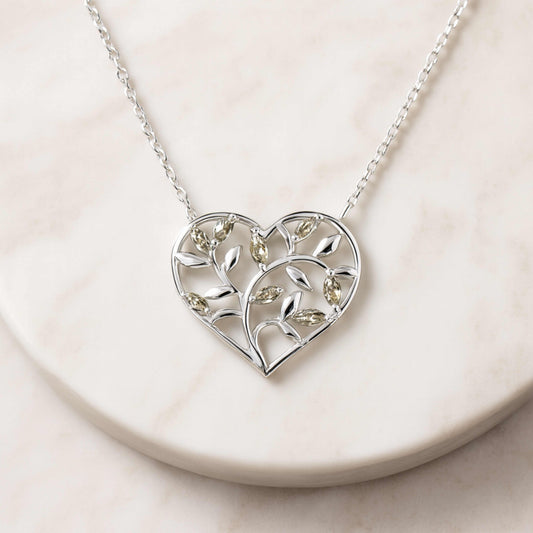 925 Sterling Silver Heart Tree of Life Necklace with Cubic Zirconia Leaves | Rhodium Plated