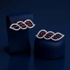 925 Sterling Silver Rhodium Plated Twisted Leaf Ear Cuffs with Red Cubic Zirconia