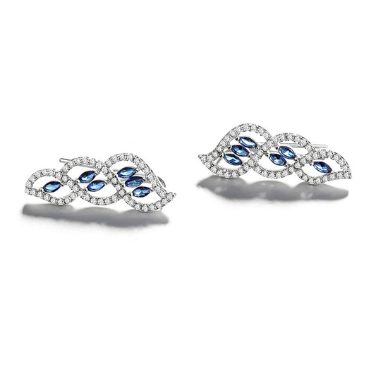 925 Sterling Silver Rhodium Plated Twisted Leaf Ear Cuffs with Blue Cubic Zirconia
