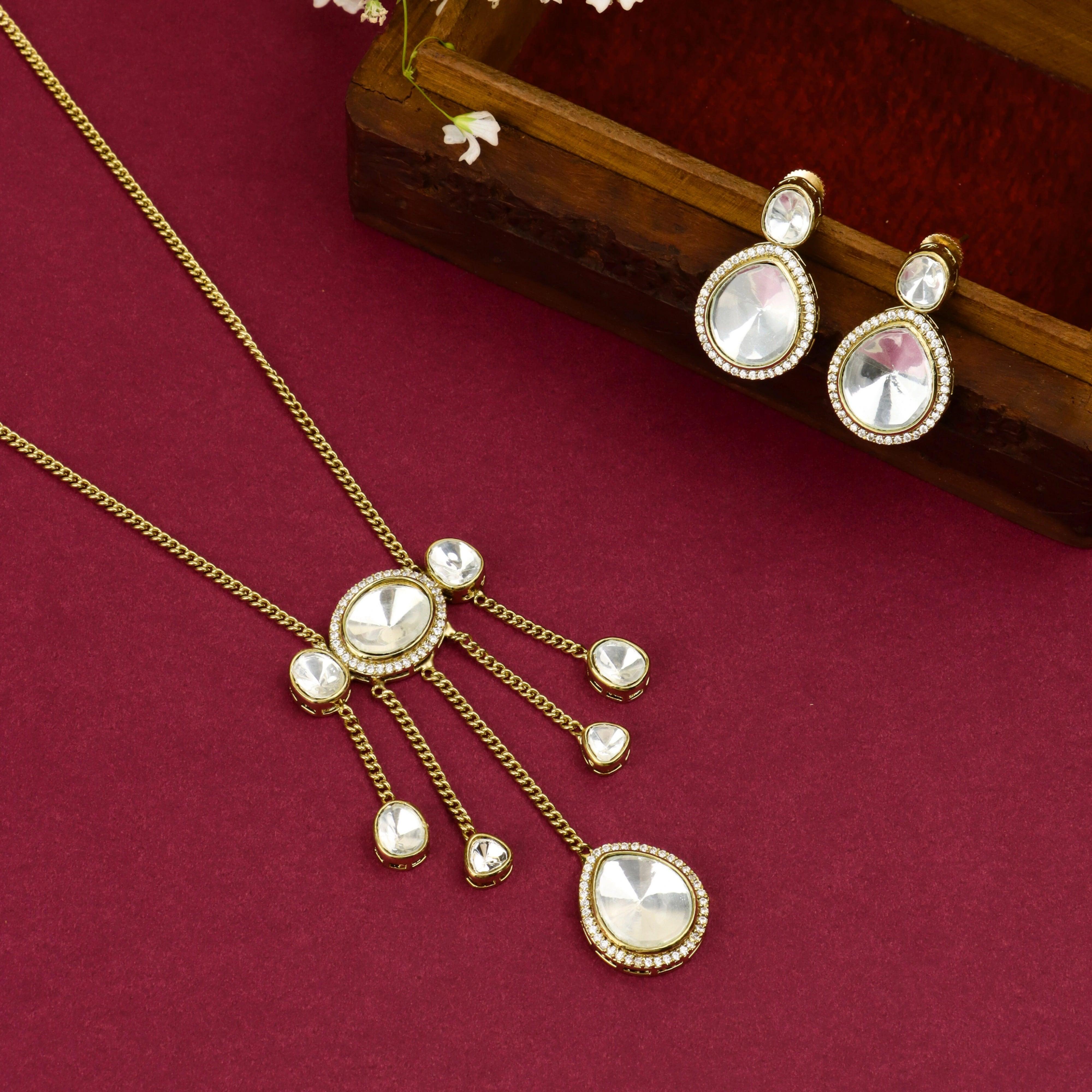 Party Wear Diamond Chain Necklace With Earrings - Rukhmani