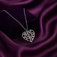 925 Sterling Silver Heart Tree of Life Necklace with Cubic Zirconia Leaves | Rhodium Plated