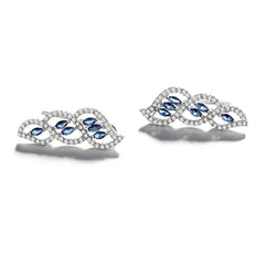 925 Sterling Silver Rhodium Plated Twisted Leaf Ear Cuffs with Blue Cubic Zirconia