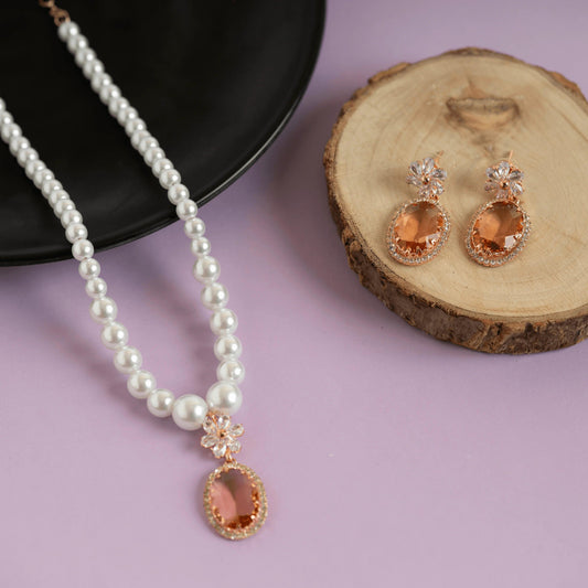 White Pearls and Orange Diamond Attractive Necklace with Earrings - Rukhmani