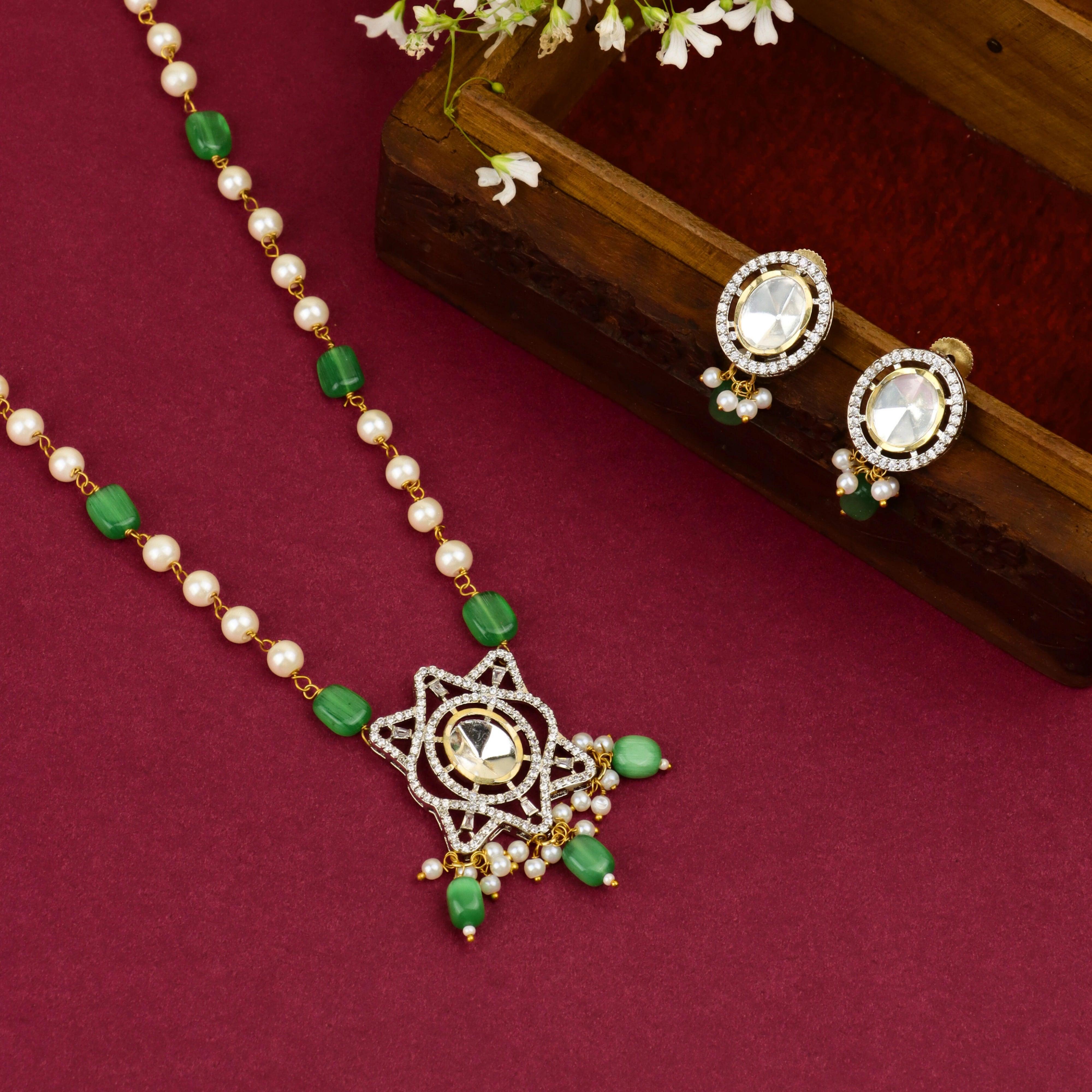 Jaipuri Kundan Long Necklace With Bids and Pearl With Earrings - Rukhmani