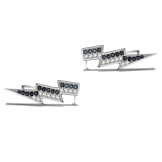 925 Sterling Silver Rhodium Plated Lightning Bolt Ear Cuffs with Black Cubic Zirconia