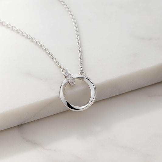 925 Sterling Silver Double Circle Necklace with Cubic Zirconia | Rhodium Plated Pendant