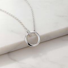 925 Sterling Silver Double Circle Necklace with Cubic Zirconia | Rhodium Plated Pendant