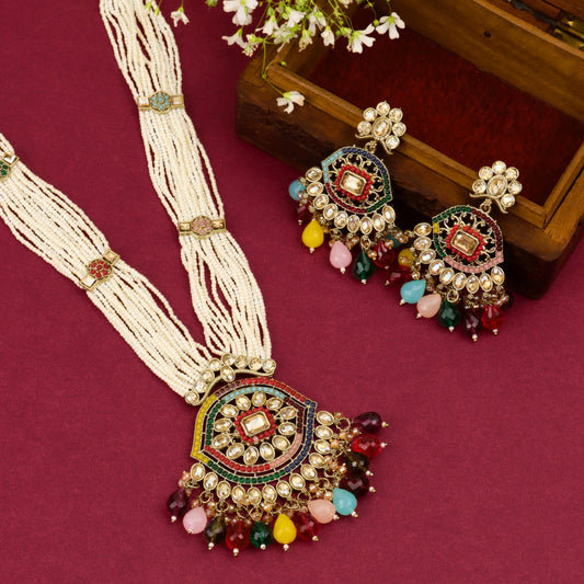 Rangamahal Moti Rajwadi Long Necklace With Earrings - Rukhmani