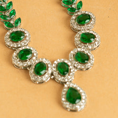 Fancy Silver Plated Green American Diamond Necklace Set With Earrings