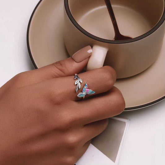 925 Sterling Silver Kingfisher Opening Ring Colorful Enamel Bird Adjustable Ring for Women Party Fine Jewelry Gift