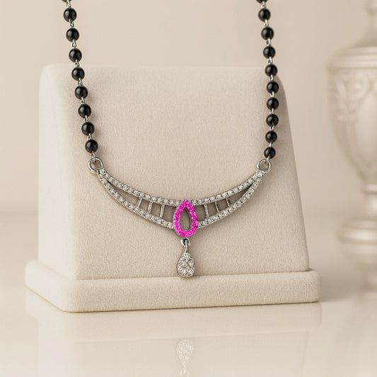 925 Sterling Silver Rhodium Plated Pink & White Cubic Zirconia Teardrop Mangalsutra for Women