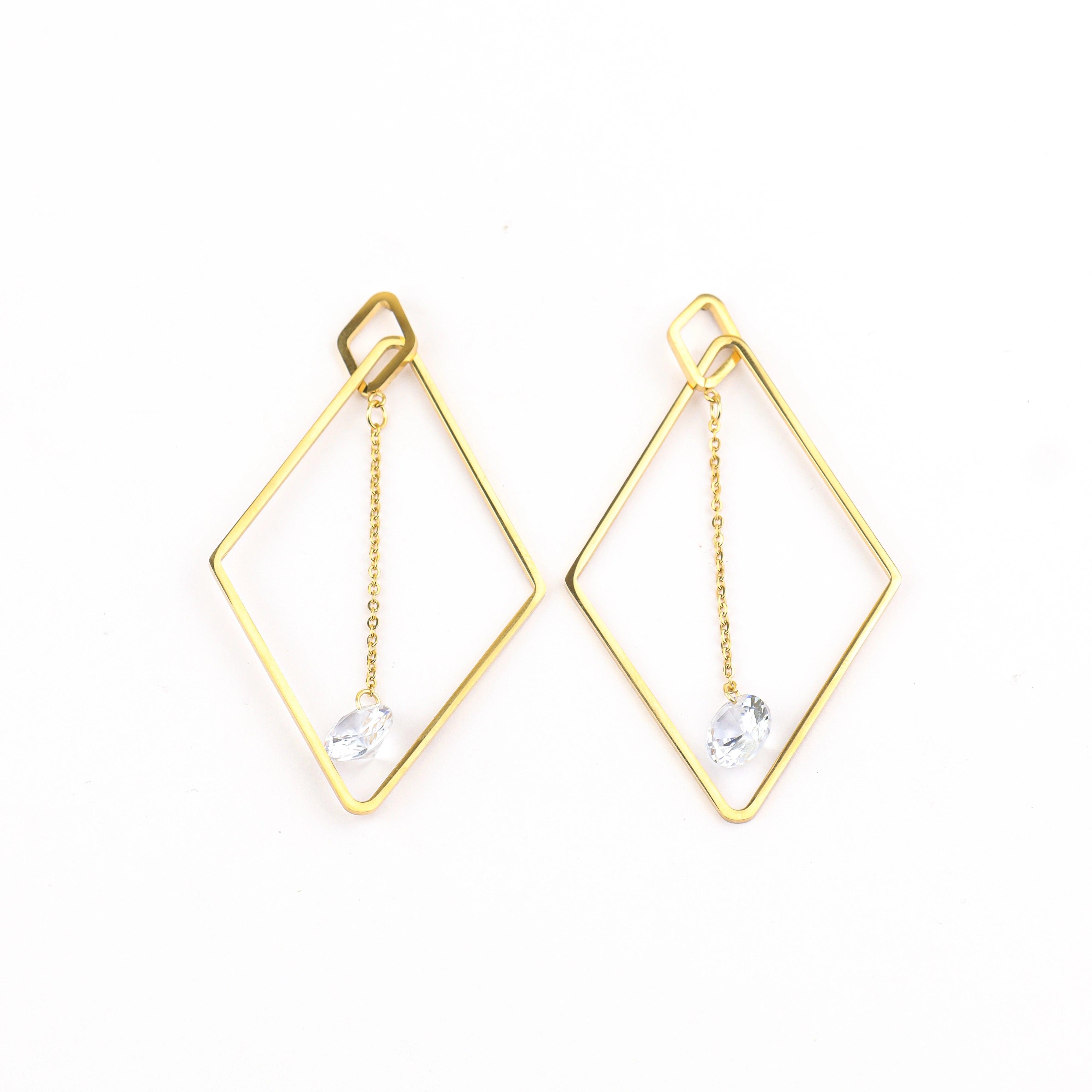 Rhombus Shape Dangle Gold Plated Earrings - Rukhmani