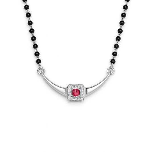925 Sterling Silver Rhodium Plated Red Cubic Zirconia Square Pendant Mangalsutra for Women