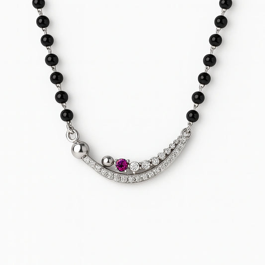 925 Sterling Silver Rhodium Plated Pink & White Cubic Zirconia Modern Curve Mangalsutra for Women