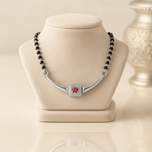 925 Sterling Silver Rhodium Plated Red Cubic Zirconia Square Pendant Mangalsutra for Women
