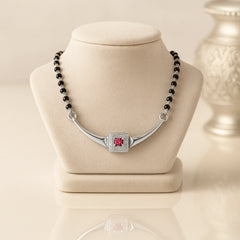 925 Sterling Silver Rhodium Plated Red Cubic Zirconia Square Pendant Mangalsutra for Women