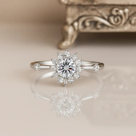 925 Sterling Silver Floral Round Zircon Ring