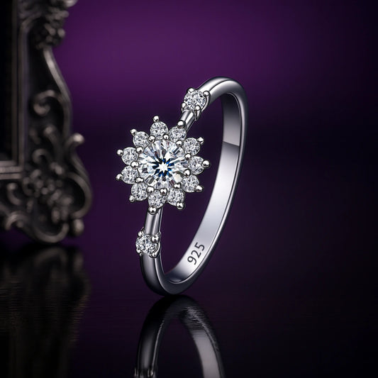 925 Sterling Silver Floral Round Zircon Ring