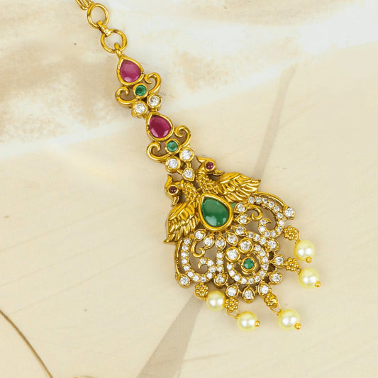 Peacock Green Stone Gold Plated Mangtika