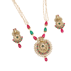 Rajwadi Red & Green Kundan Necklace with Earrings