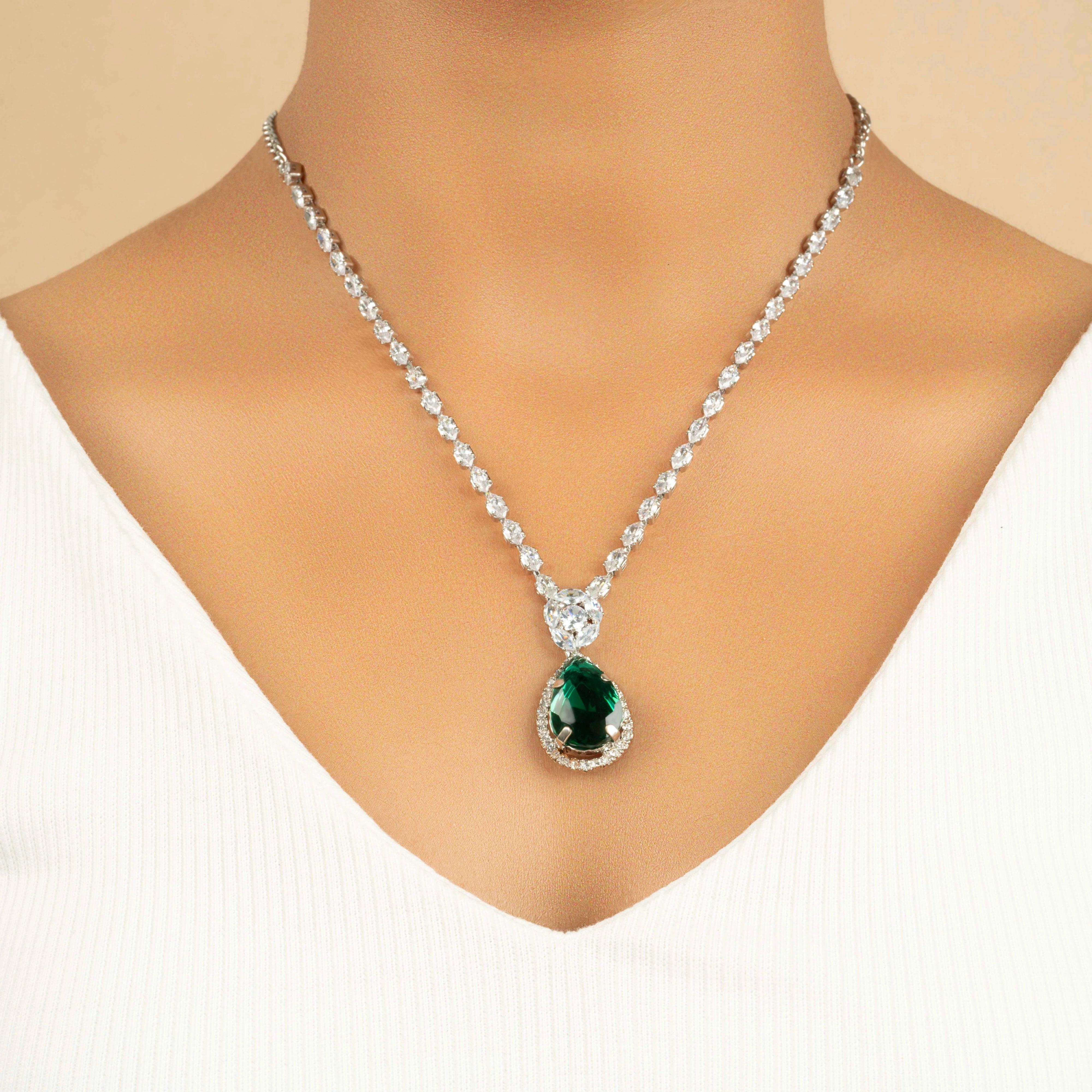 Natural Green Tear Diamond Clear Crystals Necklace With Earrings - Rukhmani