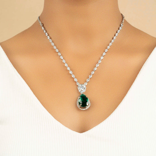 Natural Green Tear Diamond Clear Crystals Necklace With Earrings - Rukhmani