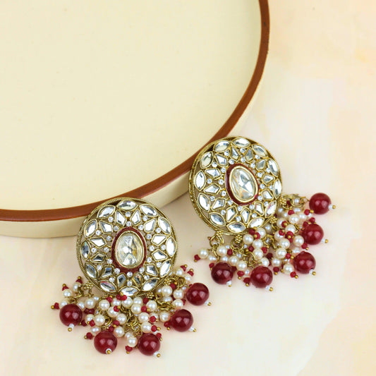 Round Kundan Red Meenakari Jhumka - Rukhmani